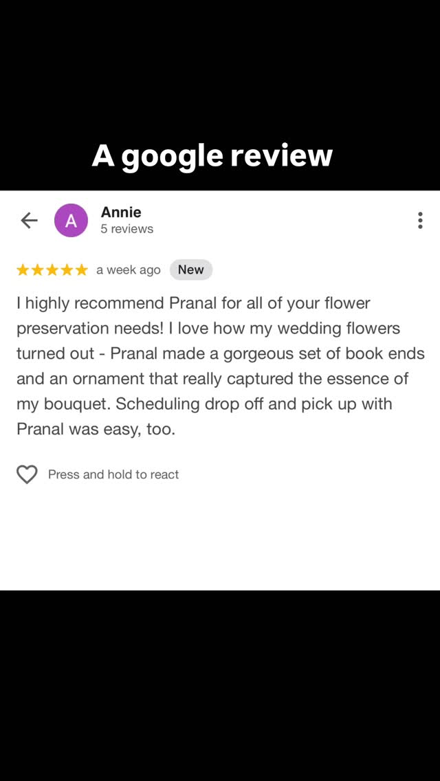 When clients take the time to send a message, leave a Google review, and write a website testimonial… you know the work truly meant something.
So grateful for kind words like these and for trusting Pranal Arts with your wedding flower preservation 💐
Your memories deserve to last forever.
.
Bride: @annie.averill
Florist: @betweentherosesflorist
Resin: @superclearepoxy