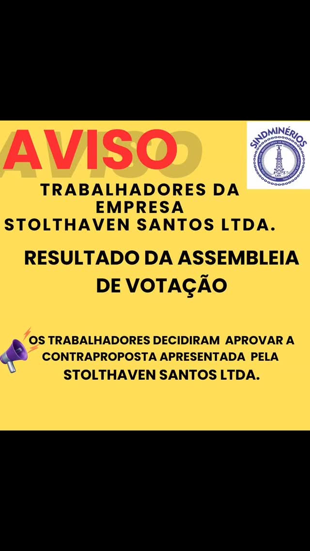 Trabalhadores e trabalhadoras da empresa STOLTHAVEN Santos, foram às urnas em 12 de fevereiro e após análise da contraproposta decidiram aprovar.
O sindicato parabeniza a todos pelas conquistas, mas garante que se manterá firme no propósito de atingir melhores resultados.
#juntos somos mais fortes