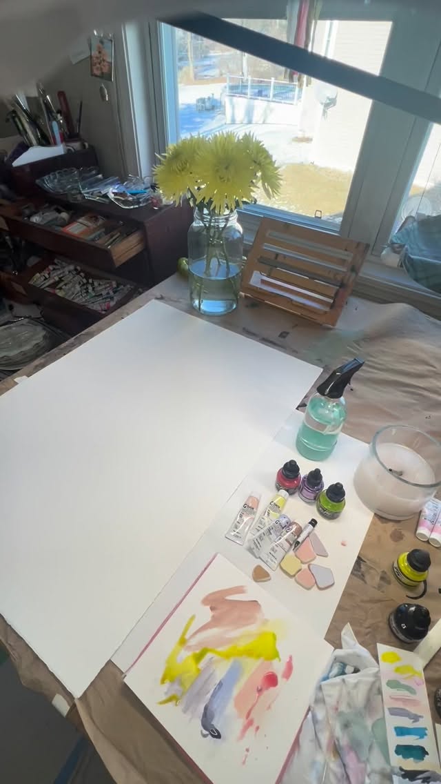 Many times I’ve wondered how to film myself painting. Still figuring it out. Loving these sunny chrysanthemums from the local grocery store and this Caribbean palette. Final work available for purchase “Sunlit” 22” x 30”. Ink and watercolor on paper. Unframed $660. #vermontartist #womenartists #floralart #carribeancolors
