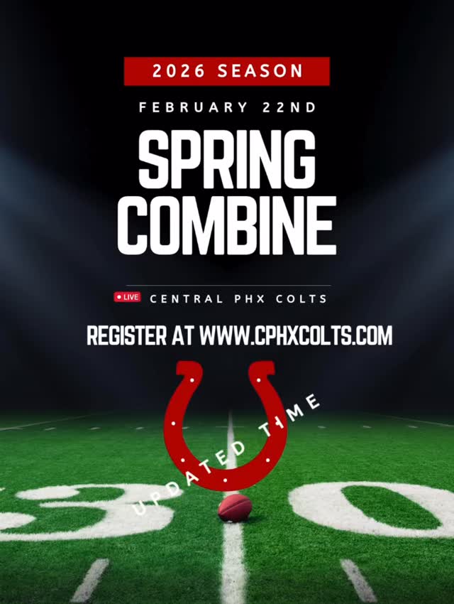 UPDATED START TIME
Central Phoenix Colts 2026 Spring Combine 🏈
Calling all rising 6th–8th graders! This is your chance to hit the field, show off your skills, and compete with the best. 💪🔥
📅 February 22nd
⏰ 1pm - 3pm* new time
📍 Coronado High School
Come run, compete, and showcase what you’ve got at the Central Phoenix Colts Spring Combine. Whether you’re new to the game or ready to level up, we want to see you out there!
👉 Register now: www.cphxcolts.com