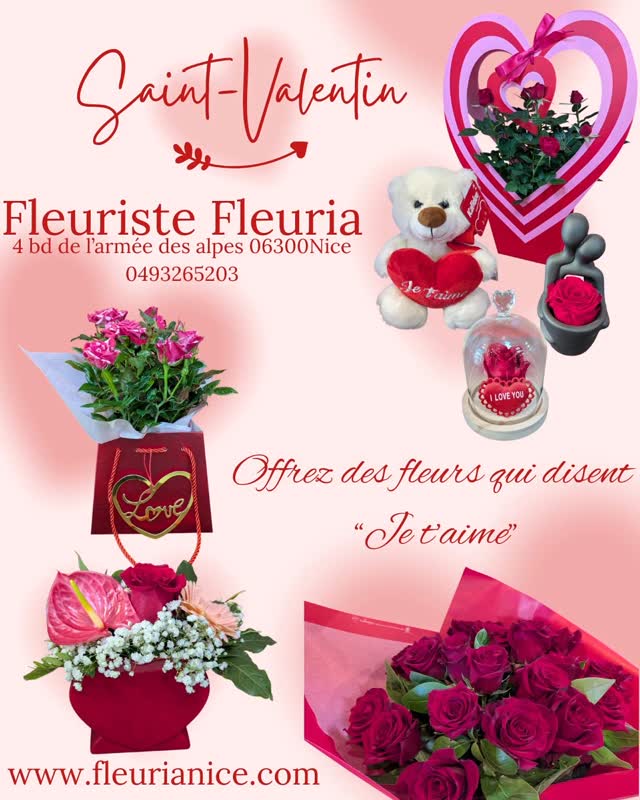 💝 Fleuriste Fleuria célèbre l’Amour ! 💖
Pour cette Saint-Valentin, samedi 14 février, offrez un bouquet qui fera sourire et fondre les cœurs.
Notre boutique sera ouverte non-stop de 7h à 20h pour que chacun trouve la fleur parfaite.
🌹 Roses rouges passion
🌷 Tulipes délicates
🌸 Bouquets romantiques prêts à emporter
📍 4 Boulevard de l’Armée des Alpes, 06300 NICE
📞 04 93 26 52 03
🌐 www.fleurianice.com
📅 Vendredi : boutique ouverte jusqu’à 20h, dernière commande à 14h
📵 Pas d’accueil téléphonique le jour même
❤️ Fleurs + amour = Saint-Valentin !
#SaintValentin #Fleurs #BouquetRomantique