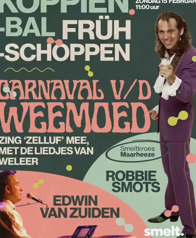 De zondag is in de Smeltkroes traditioneel oergezellig met een verrassend concept.
Dit jaar slaan de @cv_muuzevangers en Smelt de handen ineen. We starten de zondag met #frühschoppen. Een stevig ontbijt onder gezellige muzikale begeleiding van diverse Kapellen.
Daarna meezingen met ons alles @edwinvz1977 en z’n #schlager krakers.
Aansluitend op veler verzoek: ROBBIE SMOTS. Hij brengt zijn carnaval van de weemoed mee. Hits van toen die we samen zo hard mogelijk mee kunnen brullen.
Kortom, deze carnavalsbonnen gaat weer de boeken in 🚀🚀
Ben je erbij? Neem je vrienden, familie en buren vooral mee. Samen is het leuker.