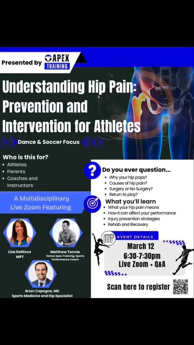 Join us for a LIVE zoom with @lfinn9 and @drsportsny to learn all about a common injury in both Dance and Soccer, The hips! Learn about prevention, rehab, surgical interventions, and return to play.
This is for any athlete, parent, coach, instructor who participates in these two sports with hip pain or without.
Scan QR code or sign up with link in bio. Come with questions!