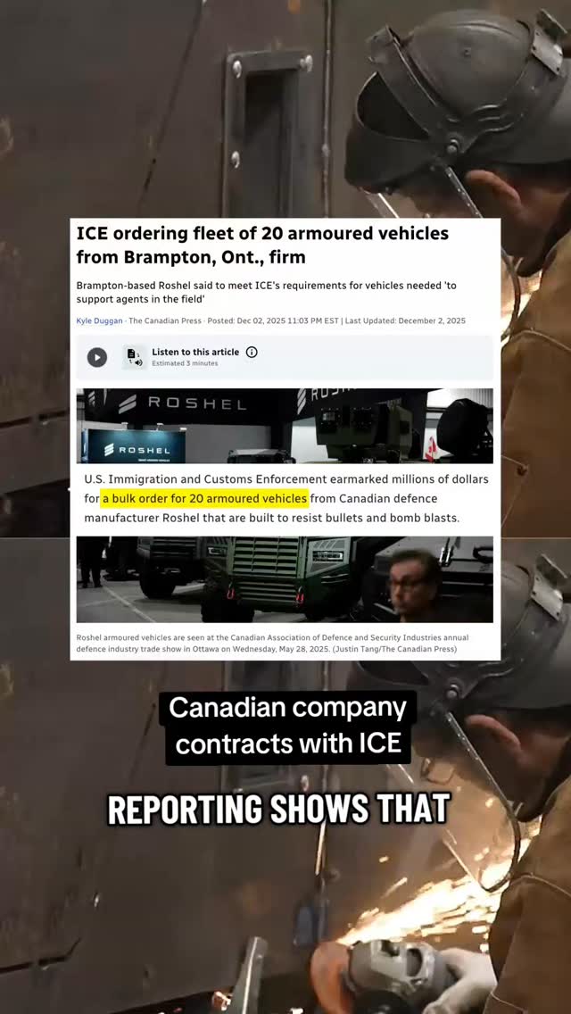 Canadians are paying closer attention to who’s doing business with ICE — and for good reason.
In 2025 alone, 31 people died in ICE custody, alongside multiple high-profile killings of U.S. citizens. Yet Canadian companies continue to profit.
Roshel, based in Brampton, supplies military vehicles to ICE — a move publicly praised by Doug Ford. The Jim Pattison Group has sold land to support ICE detention expansion, while maintaining a massive presence in Canadian media and public space. Hootsuite also holds an ICE contract.
Justice doesn’t stop at the border and neither does responsibility.
👉 The 44 North is a digital bi-monthly publication that aims to inform, empower, and inspire young people. Do you want to write for us? Support lifting up young people's voices? Head to the 🔗 LINK IN THE BIO 🔗 👈
#roshel #AbolishICE #cdnpoli #ICE #Canada