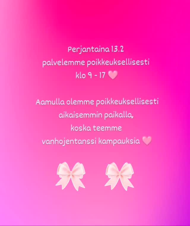 Liikkeen ollessa suljettuna voit varata ajan myös netistä
www.tukkahyvin.fi/nettiajanvaraus 🩷
#parturikampaamo #poikkeuksellisetaukioloajat #vanhojentanssit