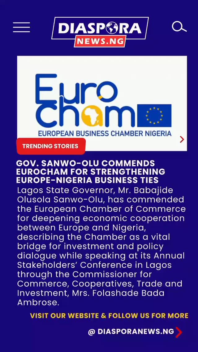 DiasporaNews.ng/lagosnews
Governor Babajide Olusola Sanwo-Olu has praised the European Chamber of Commerce for strengthening Europe–Nigeria business relations, highlighting its role in investment facilitation and sustainable economic growth at the Chamber’s annual stakeholders’ conference in Lagos.
Read Full Story -
https://www.diasporanews.ng/post/gov-sanwo-olu-commends-eurocham-for-strengthening-europe-nigeria-business-ties