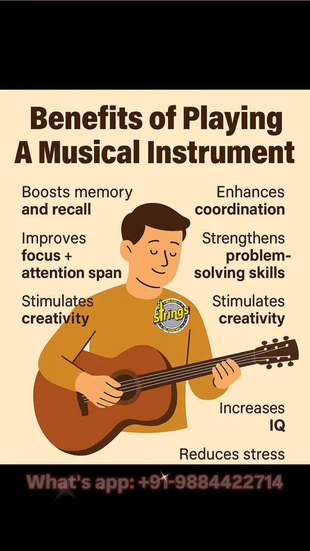 🎸 Strumming away stress while supercharging your brain! Did you know playing a musical instrument boosts memory, sharpens focus, enhances coordination, strengthens problem-solving, sparks creativity, increases IQ, and melts away daily stress?
Unlock these life-changing perks at our online music academy – perfect for busy Chennai families! From guitar to vocals, start your musical journey today. Who's ready to level up? 🎶✨
#onlinemusicclasses #learnmusiconline #indian #OnlineMusicAcademy #indianmusiceducation