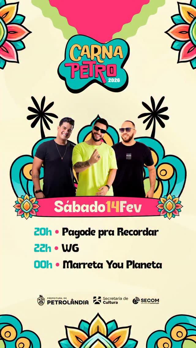 🎉🔥 É DIA DE CARNAPETRO 2026! 🔥🎉
Neste sábado, 14 de fevereiro, a festa vai ser daquele jeito que a gente gosta: muita música, alegria e energia lá em cima! 💃🕺
🎶 20h – Pagode pra Recordar
🎤 22h – WG
🚀 00h – Marreta You Planeta
Prepare o look, chame a galera e venha viver essa noite inesquecível no CarnaPetro 2026! 🌈✨
É Petrolândia mostrando mais uma vez que sabe fazer carnaval como ninguém! 🎊🔥
#CarnaPetro2026 #Carnaval2026 #Petrolândia #vemprocarnaval