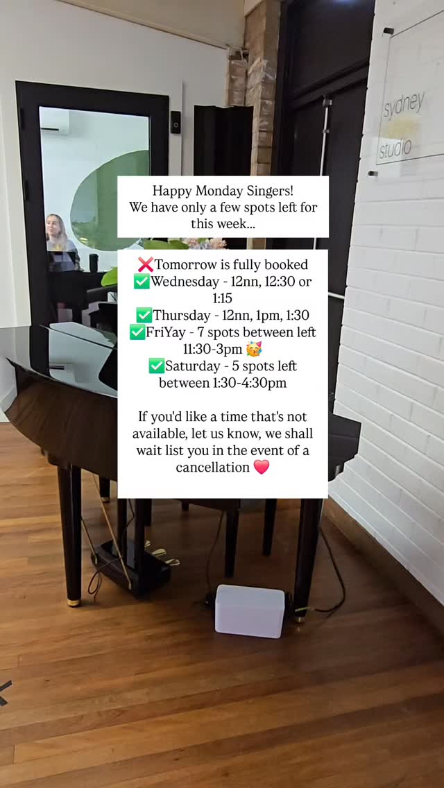 Happy Monday, Singers!
We only have a handful of lesson times left this week, book in that lesson!
If you're after an evening time, we have a handful of spots left next week (this week, our PM times have all gone, message us if you'd like to be waitlisted ❤️)
To book a time, link in bio or our stories!
See you soon!