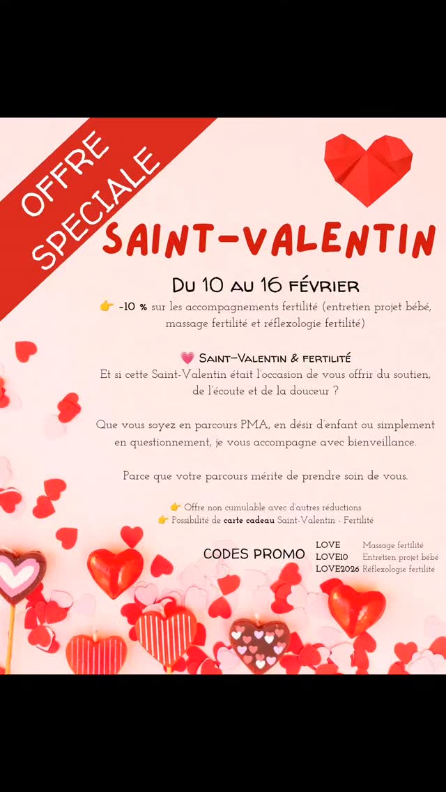 ♥️OFFRE SAINT VALENTIN♥️
Parce que j'avais envie de penser à celles et ceux qui ont besoin de douceur en ce début d'année...
Parce que dans un parcours de désir d’enfant ou de PMA, le corps et le cœur traversent beaucoup.
S’offrir (ou offrir) du soutien, de l’écoute et de la douceur, ce n’est pas un luxe. C’est essentiel.
✨ Offre spéciale Saint-Valentin
👉 -10 % sur les accompagnements désir d'enfant & fertilité
🗓 Du 10 au 16 février
(massage fertilité, réflexologie fertilité, entretien projet bébé)
🎁 Carte cadeau disponible pour une Saint-Valentin pleine de douceur.
Parce que ton parcours mérite d’être accompagné avec bienveillance 🤍
👉 Réservation en DM ou via le lien en bio
#saintvalentin #fertilité #pma #désird’enfant #accompagnementfertilité
