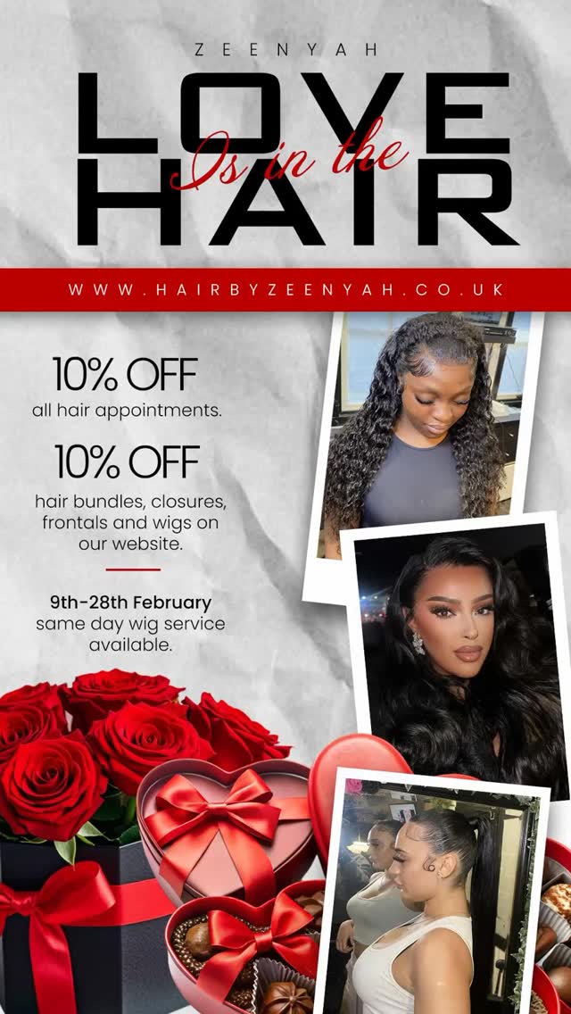 Happy Valentine’s Day 🥰🌹❤️💋 we have special offers this month 10% off Raw Hair, Lace Systems, Ready Made Wigs and Services visit HairbyZeenyah.co.uk
#zeenyah #valentines #sale #londonwigmaker #ukhairstylist #rawhair #gluelesswigs #virginhair #explorepage
