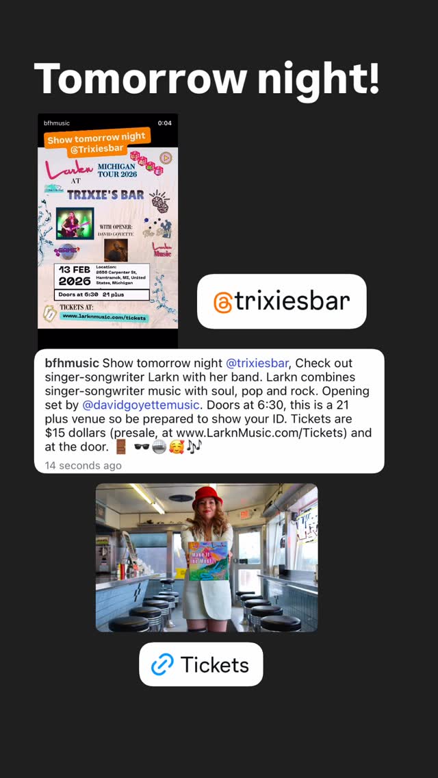 Thanks to @bfhmusic for this story/post about my show tomorrow night in Hamtramck, Detroit @trixiesbar
I am super excited to play a full 90 minute set with my band and want to make sure everyone knows about the show and is welcome to attend if they wish. Singer-songwriter David Goyette @davidgoyettemusic is providing an opening set that will begin shortly after doors at 6:30 (approximately 7:15 and the live music will go until 10. You can purchase tickets from my Instagram bio or wait to get them at the door if there’s space. Be prepared to show your ID, it’s a 21 plus venue. ❤️🎶🥰🕶️🪩 Thanks to @trixiesbar for the space for the show.