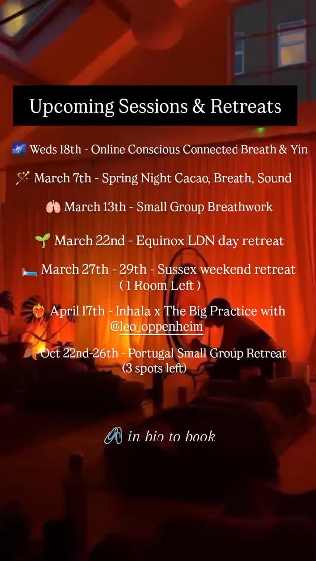 🔥 ALSO ADDED! 🔥
1st April - Online Monthly Breathwork Journey and Yin Yoga (Come to One or Both
10th April - Small Group Breathwork and Sound
18th April - Inhala x The Big Practice
17th May - May Half Day Retreat
Link in my bio for all 🌀
Breathwork Journeys, Cacao, Sound Healing, Yoga, Online, Retreats and More 🌱.
Things do tend to sell out so early booking recommended.
Come with a friend, come alone, come exactly as you are ❤️
Head to the link in my bio to book
Xxxxx
Jenny
.
.
.
.
.
.
.
.
.
#consciousconnectedbreathwork #londonbreathwork #soundbathlondon #londonyoga #retreat
