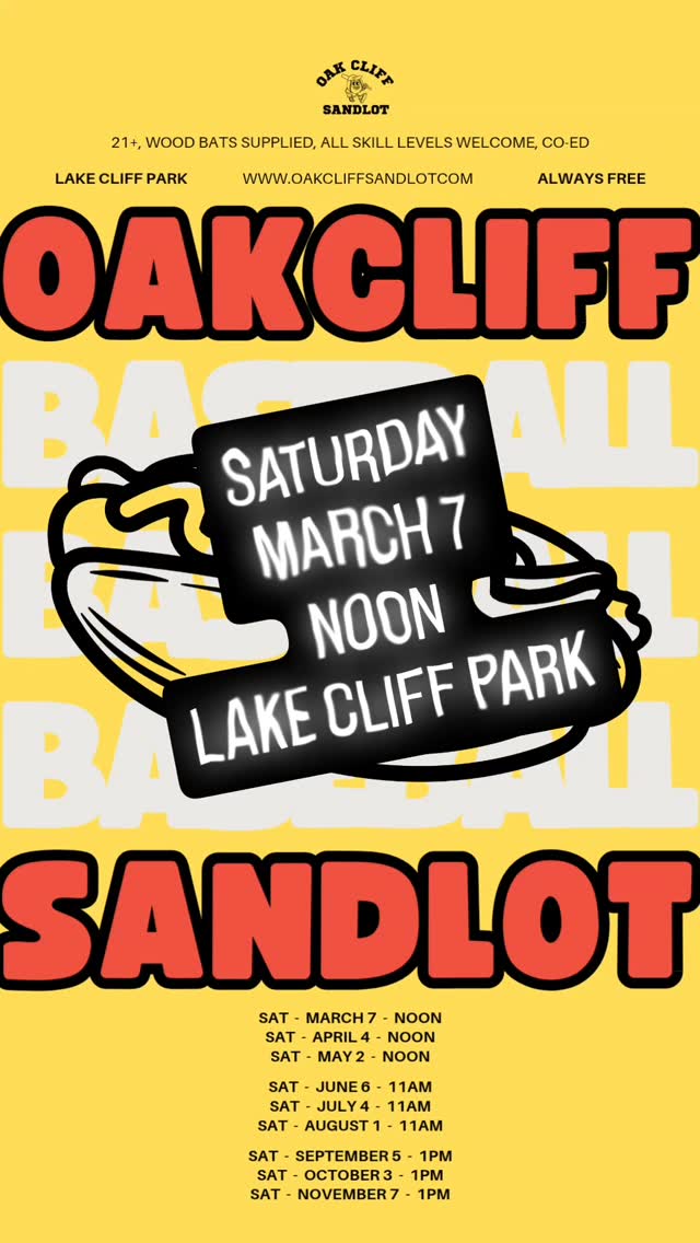 Back at it on Saturday March 7th noon at Lake Cliff Park. Bring a glove bring a friend, play baseball.