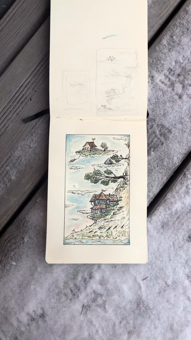 “I wish I could park my house beside yours”
Yesterday sketch.
It’s interesting, I really saw that house on the cliff edge, those trees growing up there parallel to the land and even that stone floating on a cloud…
#ink #watercolor #fantasyworlds