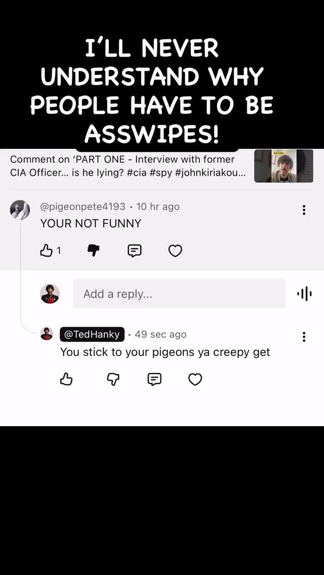 I’ll never understand why people do this, just scroll on. These trolls who hide behind the internet are probably the same people who complain on purpose to get things free in shops, restaurants etc…
Silly pigeon fiddler!
#troll #pigeon #sillyboy #doyle #funnyreel