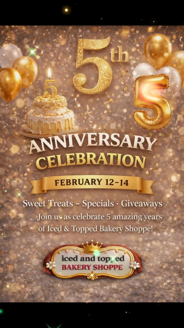 🎉✨ WE’RE TURNING 5!!! ✨🎉
Five years of sweet memories.
Five years of community.
Five years of baking with love. 💛
Five years of consistency!!!
Join us February 12–14 as we celebrate the 5th Anniversary of Iced & Topped Bakery Shoppe!
This isn’t just a celebration — it’s a THANK YOU to every single person who has supported us, walked through our doors, shared our posts, and tasted our treats.
And on Saturday at 10AM, we’re hosting Breakfast with the Community 🥞☕✨
Pull up, grab breakfast, connect, laugh, and celebrate with us.
We wouldn’t be here without YOU — and we can’t wait to celebrate together.
📍 Iced & Topped Bakery Shoppe
🗓 February 12–14
🥞 Saturday Breakfast | 10AM
#IcedAndTopped #5YearAnniversary #BakeryCelebration #CommunityLove #BreakfastWithTheCommunity FiveYearsSweet SupportLocal BakeryFamily CelebrateWithUs