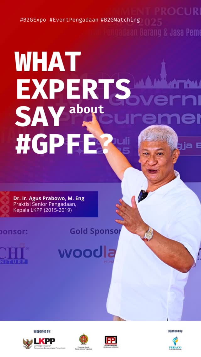 What Experts Say about GPFE?
Apresiasi Bapak Ir. Agus Prabowo, M.Eng, selaku Praktisi Senior Pengadaan dan Kepala LKPP tahun 2015-2019, terhadap penyelenggaraan Government Procurement Forum & Expo (GPFE).
Menurut beliau, forum seperti GPFE layak untuk terus dilanjutkan karena menjadi ruang strategis yang mempertemukan penyedia barang/jasa, khususnya yang terdaftar di e-Katalog LKPP, dengan regulator, praktisi, serta para pengguna dari seluruh Indonesia.
GPFE tidak sekadar menjadi ajang pameran, melainkan wadah dialog dan kolaborasi untuk memperkuat ekosistem pengadaan nasional yang lebih transparan, profesional, dan akuntabel.
Semangat sinergi lintas pemangku kepentingan inilah yang diharapkan terus berlanjut hingga penyelenggaraan GPFE selanjutnya!
Catat tanggalnya dan hadiri GPFE 2026!
🗓️ 5–7 Agustus 2026
📍 Bima Hall, Jogja Expo Center (JEC), Yogyakarta
Join Booth / Expo Info:
📞 WhatsApp 0812-9991037
Registrasi Visitor & Informasi GPFE 2026:
🔗 bit.ly/visitorgpfe2026
🌐 www.gpfe.id
#gpfe #eventnasional #pengadaanbarangjasa #eventpengadaan