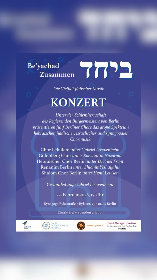 Alle fünf Chöre haben während der Generalprobe das erste Mal zusammen gesungen. 🎶Wir freuen uns sehr auf ein phantastisches und lange geplantes und vorbereitetes Konzert. Vielen Dank allen daran Beteiligten ❤️
22. Februar -17 Uhr- Synagoge Rykestraße
All five choirs sang together for the first time during the dress rehearsal. 🎶We are very much looking forward to a fantastic concert that has been planned and prepared for a long time. Many thanks to everyone involved.❤️
22 February -5 p.m. – Synagogue, Rykestraße