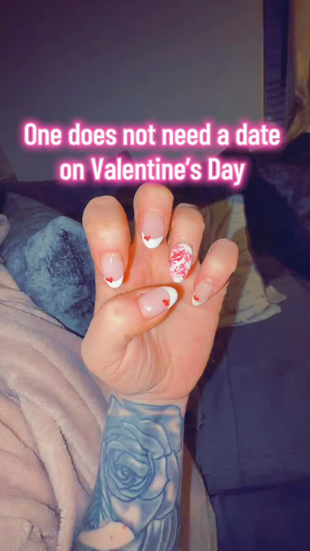 POV When you have Valentine’s Day nails but you have no date 😂 - I decided to treat myself to a set of new Valentine’s Day nails using builder gel BIAB and I’m in love 😍 I went for a French tip with some cute little love hearts ♥️ and some kisses 💋 #nailart #buildergel #nails #handpainted #valentinesday