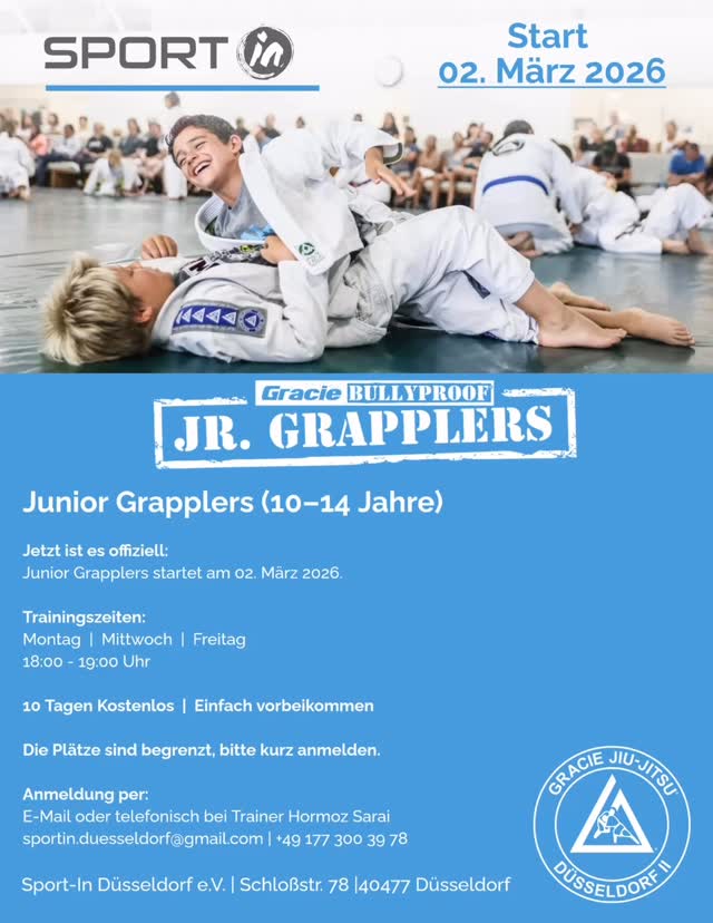 Jetzt ist es offiziell:
Junior Grapplers (10-14 Jahre) startet am 02. März 2026. @hormoz_66 @gracie_jiujitsu_dus #düsseldorf #graciebullyproof #graciecombatives #kinder #jugendliche