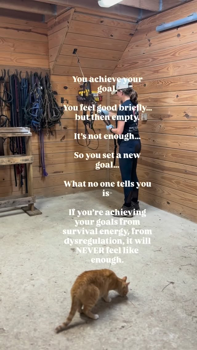 You achieve the goal 🏆
The clear round.
The move up.
The score you wanted.
You feel good for a minute.
Maybe even proud.
And then… you feel flat.😕
So you set a new goal.
And just to be clear.
⚡️There is nothing wrong with setting new goals.⚡️
Growth is beautiful. 🌷
But if your goals are ALWAYS coming from bracing, proving, or survival energy, your nervous system won’t actually register success.
It will register relief.
Relief isn’t satisfaction.
When your body doesn’t feel safe, nothing will ever feel like enough.
⛔️YOU will not feel enough ⛔️
This isn’t a motivation problem.
It’s a regulation problem.
When your nervous system feels safe, success actually lands.
Then the next goal comes from expansion, not escape.♥️
#equestrian #nervoussystem #horses #horseriding #horsegirl