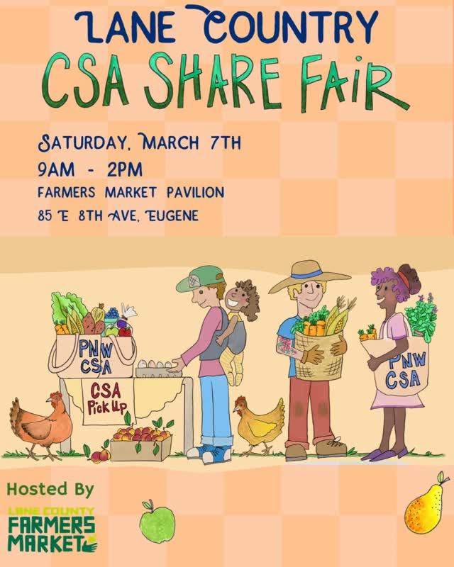 Want to learn how to use SNAP to get a CSA share for 50% off?
Come to the Lane County CSA Share Fair.
With Double Up Food Bucks, SNAP participants can purchase a CSA share for half the cost. That means weekly, locally grown vegetables from a farmer you meet in person at a price that works for your household.
We’ll walk you through how it works and match you with a farm that fits your pickup location and eating habits.
📍 Lane County CSA Share Fair
🗓 Saturday, March 7
⏰ 9:00 AM – 2:00 PM
📍 Farmers Market Pavilion
85 E 8th Ave, Eugene
Meet farmers. Get matched. Sign up.
Healthy, local food should be accessible.
Learn more with the link in our Linktree.
#LaneCounty #EugeneOregon #CSAShareFair #DoubleUpFoodBucks #SNAPBenefits #FoodAccess #SupportLocalFarmers #PNWCSA