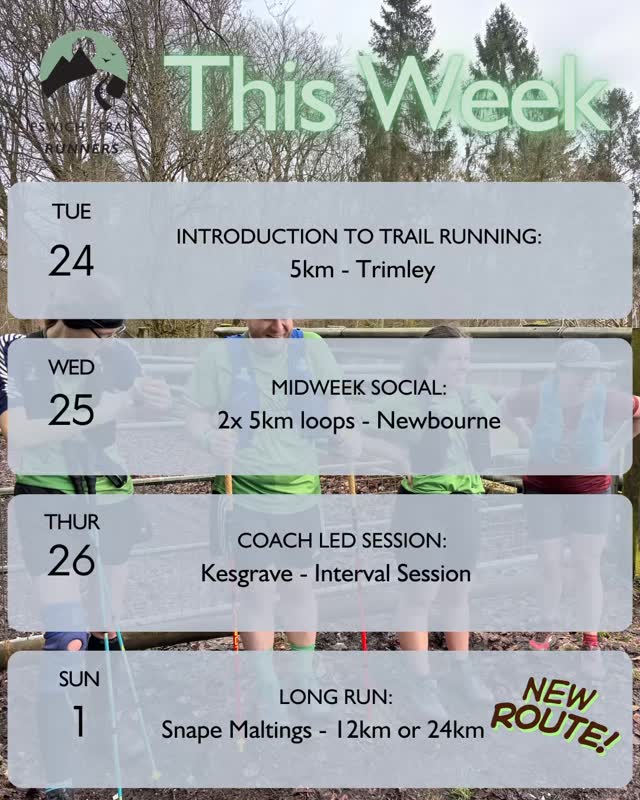 We’re mixing it up this week 🏃♀️ From intro vibes on Tuesday to our brand new long run route at Snape Maltings on Sunday, there’s something for everyone. Whether you’re after a midweek social, a proper workout, or a chance to explore fresh trails, we’ve got you covered. Who’s in?
#ipswichtrailrunners #suffolktrailrunning #trailrunninguk