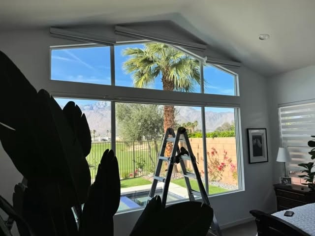Zebra shades (sometimes called banded) are very popular! The client desperately needed sun protection from the western rays. Staggered shades strategically covered with a custom angled box valance did the trick! .
.
.
.
#rollshades #palmsprigsblinds #hunterdouglas #somfy #blackouts laquintablinds ranchomirage indianwells smarthomepalmdesert cathedralcity
palmsprings rollershades windowtreatmentpalmsprings shutters plantationshutters motorizedrollershades electricrollershades automatedrollershades