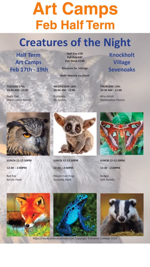 Last week I had so much fun with the amazing children that joined me for February Half Term Art Camps.
At my Independent Art School in Knockholt Village.
We looked at Creatures of the Night and learnt facts about them all.
Some of the highlights of the week are shown in this reel.
Looking for a fun, educational creative outlet? Look no further than Andrea Coltman Artist & Art Classes! Located in Knockholt, Sevenoaks Kent.
I specialise in teaching ages 5-105, at all stages and skill levels.
With over 20 years experience of teaching and instruction, I am a professionally qualified artist with an MFA in Fine art from UAL.
I offer a range of affordable, courses where students will gain experience, build skills and confidence, allowing their creativity and personal artistic expression to grow and develop, within a fully equipped artists’ studio.
I welcome different age groups from 5+, and all skill levels; I have something for everyone.
My independent Art Classes are structured, focused on working to nurture a variety of art disciplines from drawing, painting, print making, clay modelling, using quality art materials and equipment.
I can offer a range of services catered to different age groups and skill levels; with something for everyone.
For aspiring young artists, my kids’ art classes offer a fun, supportive environment to learn and grow.
I offer private tuition for personalised attention including portfolio preparation for those looking to take their art to the next level. Additionally, I organise workshops for both kids and adults to dive deeper into specific techniques or themes.
With a non-prescriptive approach, meaning that there may not be a completed work after every lesson. Some projects run over 2 or more weeks. I demonstrate projects in simple steps encouraging students to find their own creative voice.
Book a class with Andrea’s Art Classes today and unlock your creativity.
#artclassessevenoaks #artclassesforkids #artclassesforadults #professionalartist #independentartschool