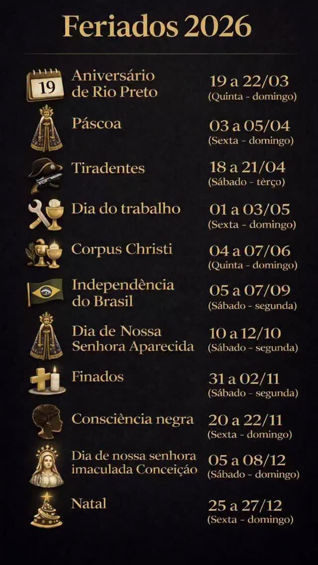 FIM DO CARNAVAL… RIO PRETO JÁ TEM O PRÓXIMO FERIADO NA MIRA
Depois de dias de bloquinhos lotados, Recinto cheio e uma maratona de shows pela cidade, o Carnaval chegou ao fim.
Mas 2026 ainda reserva 11 feriados prolongados no calendário, e o aniversário de Rio Preto abre a próxima sequência.
Hora de se organizar.
Envie para sua rede de contatos e ajude mais pessoas a se programarem!
Mais informações no Portal Guilherme Baffi