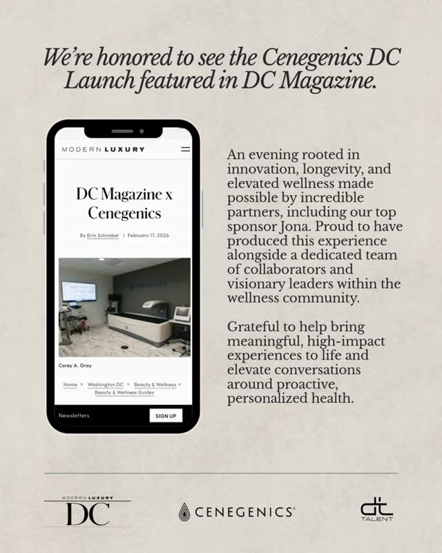 A proud moment for our team and partners.
The Cenegenics DC launch was recently highlighted in DC Magazine, capturing an evening centered on wellness, performance, and meaningful connection.
Thankful to collaborate with incredible partners, including our top sponsor Jona, to bring this vision to life.
Read the full article at: www.modernluxury.com/dc-magazine-x-cenegenics
#CenegenicsDC #DTTalent