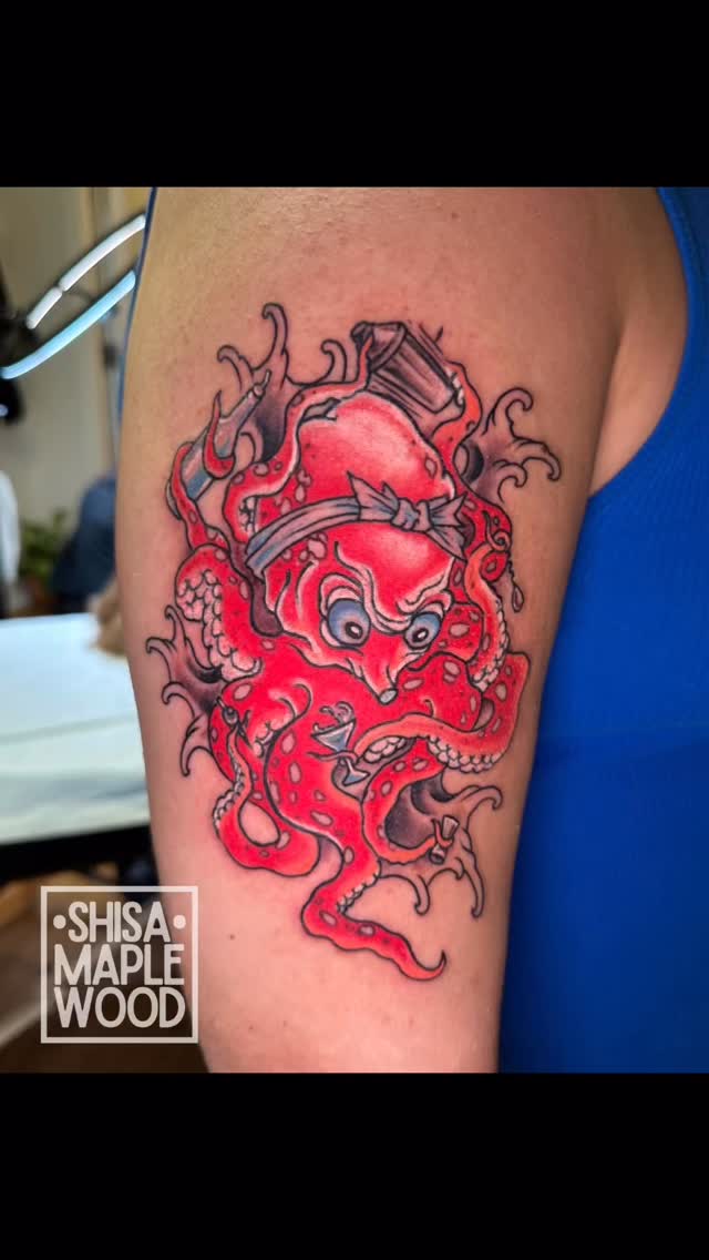 The tako in Japanese lore symbolizes fluidity, intelligence, and life in the depths. A creature that moves effortlessly between worlds.
Behind the bar or under the sea.
Tattoo by Dave at Shisa Tattoo Studio.
#takotattoo #bartendertattoo #maplewoodnj #njtattooartist #nyctattooartist