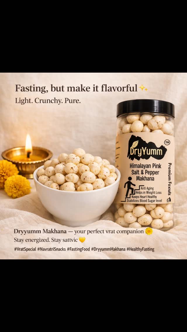 “Fasting, but make it flavorful ✨
Light. Crunchy. Pure.
Dryyumm Makhana — your perfect vrat companion 🌼
Stay energized. Stay sattvic 💛
#VratSpecial #NavratriSnacks #FastingFood #DryyummMakhana #HealthyFasting”