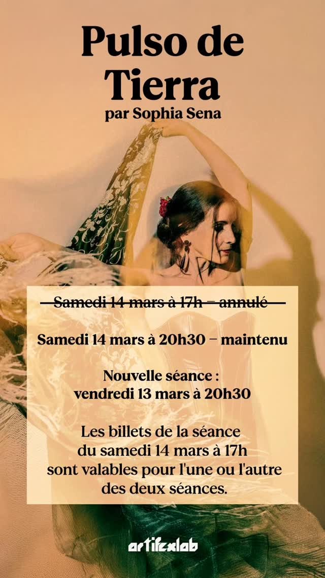 Pulso de Tierra continue de battre.
La séance du samedi 14 mars à 17h est annulée pour des raisons indépendantes de notre volonté.
Mais l’expérience ne disparaît pas — elle se transforme.
✨ Séance maintenue :
Samedi 14 mars à 20h30
✨ Nouvelle séance exceptionnelle :
Vendredi 13 mars à 20h30
Les billets de la séance annulée restent valables
pour l’une ou l’autre des deux dates.
On vous attend pour ressentir
le souffle, la terre, le mouvement.
Artifex Lab
#PulsoDeTierra #ArtifexLab #CultureVivante #Flamenco