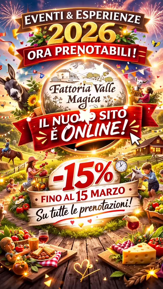 🚀 IL NUOVO SITO È ONLINE!
Dopo mesi di lavoro dietro le quinte…
Vallemagica.com è finalmente attivo.
✨ Tutte le esperienze ed eventi 2026 sono ora prenotabili.
🎉 Per festeggiare il lancio: –15% su tutte le prenotazioni fino al 15 marzo.
👉 www.vallemagica.com
⚠️ Una cosa importante:
Il sito è nuovo. È stato testato, ma non è ancora perfetto.
Alcune parti sono state tradotte automaticamente e potrebbero esserci piccoli errori o dettagli da sistemare.
Se notate qualcosa che non funziona, non è tradotto bene o può essere migliorato, scriveteci tramite il modulo contatti sul sito.
Il vostro feedback ci aiuta a renderlo migliore per tutti.
🎟️ I voucher e le gift card precedenti sono in fase di migrazione.
Riceverete una mail con il nuovo codice e le istruzioni nei prossimi giorni — grazie per la pazienza.
Ci vediamo presto in fattoria.
E sì… vi conviene approfittare del –15%. 😉