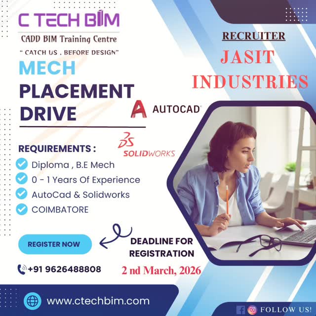 🔔 MECH PLACEMENT DRIVE – JASIT INDUSTRIES
Eligibility: Diploma / B.E Mechanical
Experience: 0–1 Year
Software: AutoCAD & SolidWorks
Location: Coimbatore
🗓 Last Date to Register: 2nd March 2026
📞 Contact: 9626488808
Register Now & Secure Your Future! 🚀