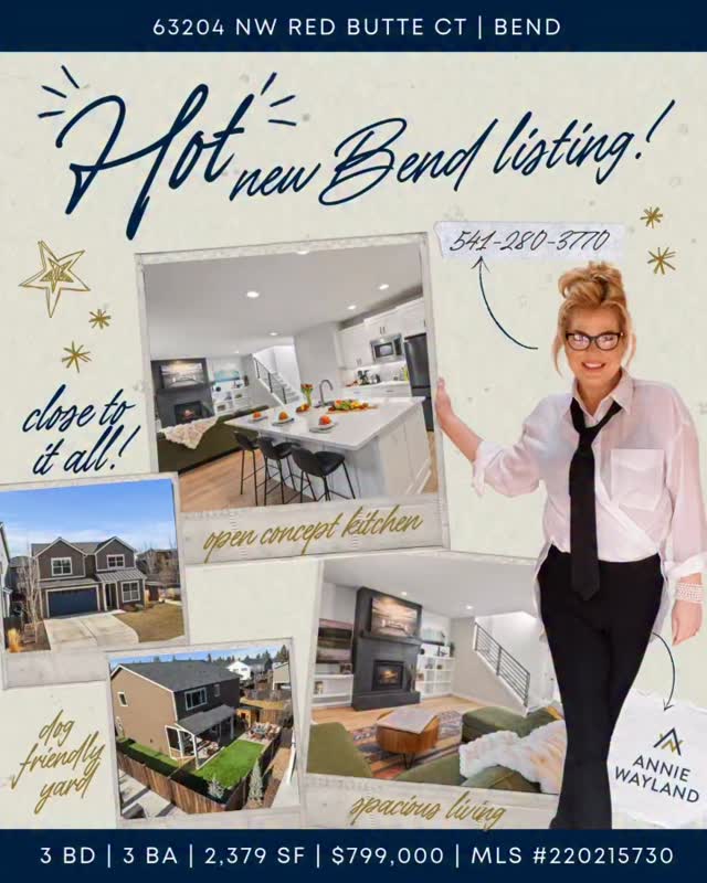 You are so bored of the same old remarks, you know your adjectives. Here’s the deal: NW Bend, corner lot, built in 2022, and dialed in beyond the builder basics (yawn). An open concept kitchen, with an actual pantry (not just a closet disguised as a pantry), that let’s everyone get involved. They won’t but dinner smells terrific! 3 Bedrooms, try 4; the office has a closet and a window (ta da!). 2 ½ baths so shiny you’ll never know anyone was ever in there before you. They were but you won’t know. All the bedrooms are generously sized; the primary even has 2 separate closets, shoes in one, handbags in the other! The laundry room is big enough you can (finally) clear off the Peloton. The backyard is a no-muss, no-fuss situation keeping your weekends free for naked saunas or that same story you tell again and again at the fire pit. The fenced dog-run keeps apologizing at bay and saves them for when you really need them (often, I’m guessing). Your life, your house, your rules. Link in bio.