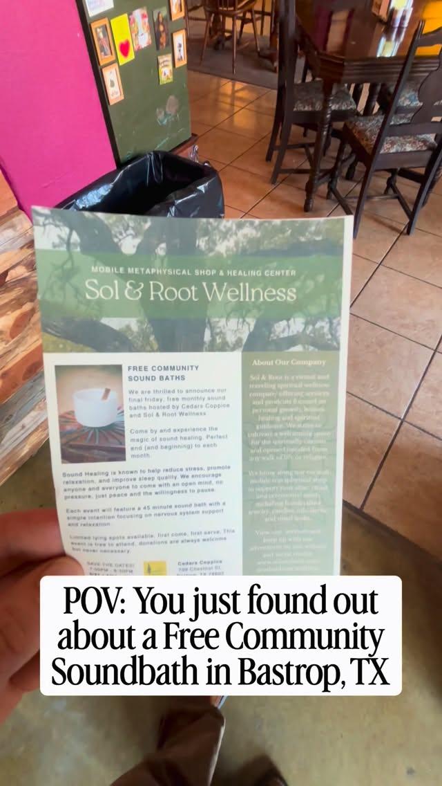 Join us for our first ever Last Friday Community Soundbath @cedarscoppice in downtown Bastrop, TX! 🌀💗
Come as you are, leave a little lighter. ✨
Sound healing is known to help reduce stress, promote relaxation, and improve sleep quality. Each event will feature a 45 minute sound bath, with a simple intention. Focusing on nervous system support and relaxation.
Limited lying spots available. First come, first serve. 🫶🏼
This is a free event, but donations are always welcome. Hope to see ya there!🌀
📍709 Chestnut ST
🌲Bastrop, TX
✨78602
⏰3/27, 7-8:30pm
#communityevent #freeevent #soundbath #bastroptx #meditation