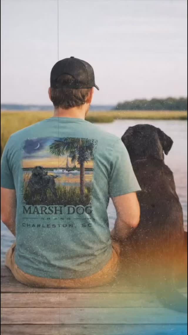 Dock days are better with a marsh dog! 😎 Check out our popular Marsh Dog & Shrimp Boat tee designed and printed right here in Charleston🤙🏼