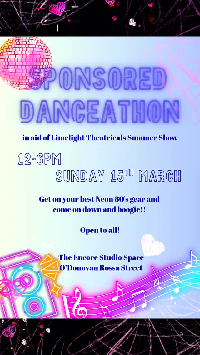 Now that we've announced our summer show our fundraising begins in earnest.
First in the line up is our Sponsored dance-a-thon!!
80's neon theme!!
You don't have to be a member to come join the fun. You can pick up a sponsorship card at the studios any evening and all day Saturdays.
Prizes for best dance move, best dressed and more!!
#fundraiser #danceathon #limelight #80s #thurles