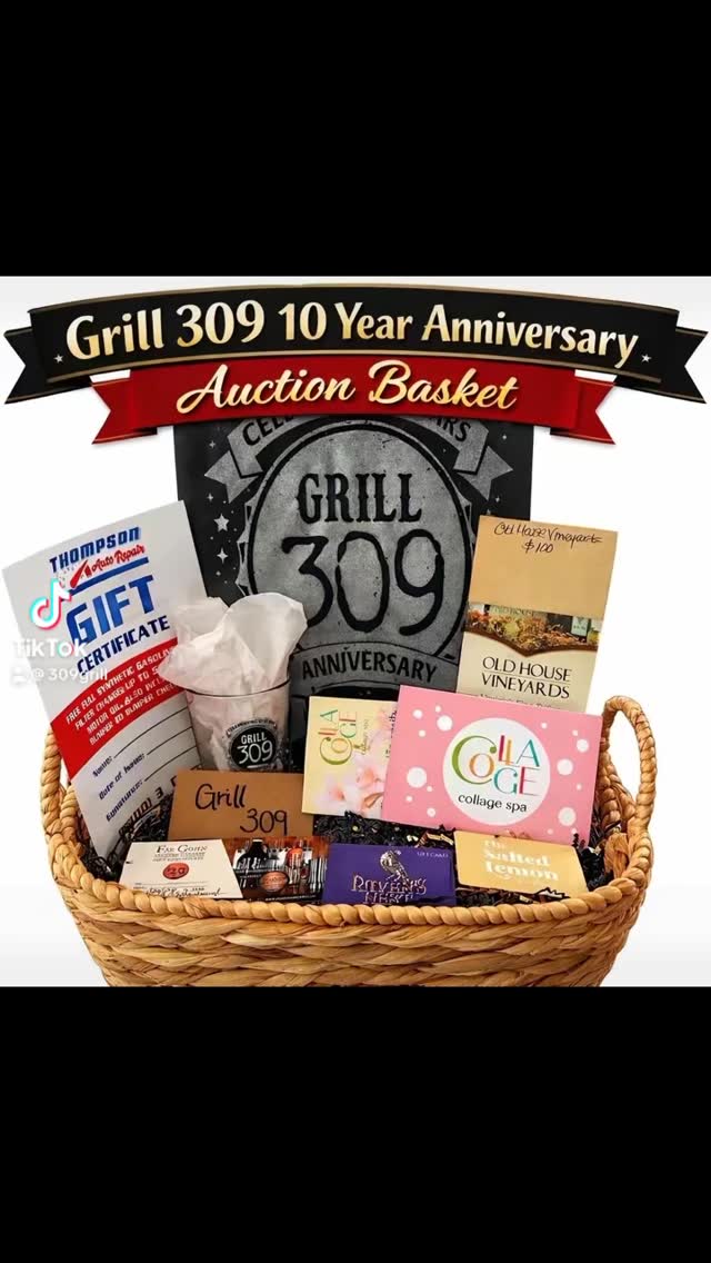 Happy Friday, we are starting to sell raffle tickets today through 3/09 in celebration of our 10 year anniversary on 3/09. Raffle tickets are $5 a piece and they include a ten year anniversary grill 309 t-shirt and pint glass, $100 grill 309 gift card, $100 ravens nest gift card, $100 collage spa gift card, 5 $20 far gohn gift cards, $100 old house gift card, $25 salted lemon gift card, and a free oil change and bumper to bumper check from Thompson auto repair. Come celebrate with us, as we celebrate you all and your continued love and support over the past decade! Cheers 🍻🥂