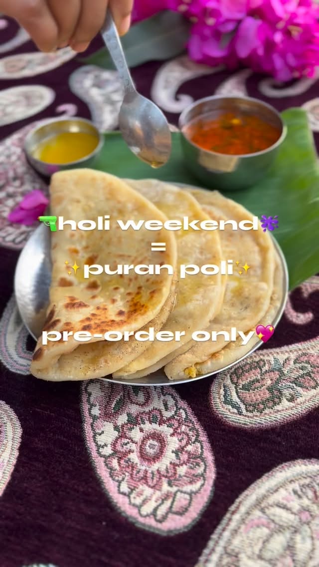 Holi feels incomplete without puran poli —
slow-cooked chana dal, fragrant nutmeg and cardamom, hand-rolled and finished with ghee.
Made using our special family recipe, the old way, in limited batches.
Available this Holi weekend by preorder only.
WhatsApp 9082804116 to book. ✨