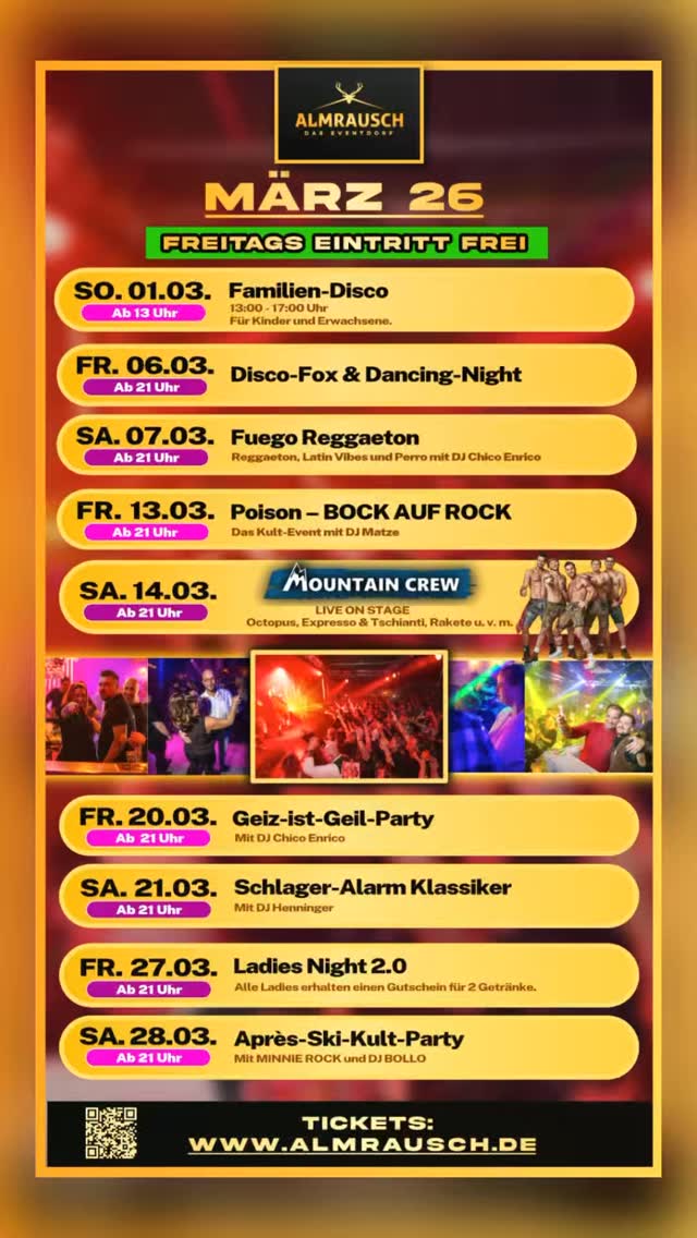 MÄRZ im Almrausch – das wird Wahnsinn! 🔥🌴🎉
Der Frühling startet mit Vollgas:
Von Familien-Disco über Disco-Fox & Reggaeton bis hin zu Rock, Schlager und Après-Ski eskaliert der März bei uns Wochenende für Wochenende 💃🕺 Bei uns bekommt ihr ALLES!
✨ Highlights:
🎤 14.03. Mountain Crew LIVE on Stage
🎸 13.03. Poison – Bock auf Rock
👑 27.03. Ladies Night 2.0
🎿 28.03. Après-Ski-Kult-Party
Und nicht vergessen: Freitags Eintritt frei! 🙌
Sichert euch eure Tickets und plant eure Party-Nächte im Eventdorf:
🎟 www.almrausch.de
#Almrausch #eventsbw #Eventdorf #Veranstaltungen #FeiernInReutlingen