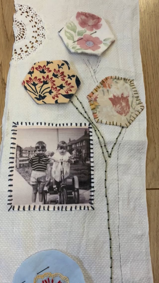 I did it, I cut a few hexis from the old 1970s quilt.
This is the start of a new project, at the moment I am thinking with stitch, feeling my way as it goes, and letting the found fabrics speak to me.
#found #applique #autobiographical