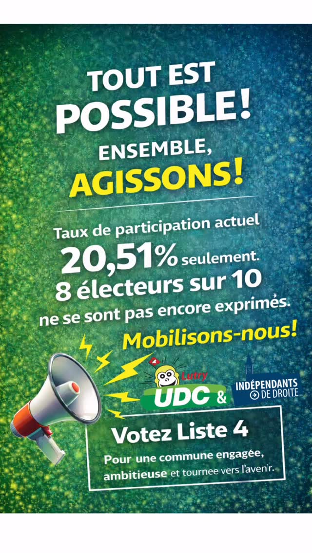 20,51 % !!!
Cela signifie que près de 8 électeurs sur 10 ne se sont pas encore prononcés 🗳️
Rien n’est joué.
Tout reste possible.
Chaque voix compte.
Si vous n’avez pas encore voté, c’est maintenant que cela se décide.
🟢 UDC Lutry & Indépendants de Droite 🔵
Votez Liste 4️⃣
Lutry d’abord !
#ec2026 #lutry #lavaux #udc #suisse