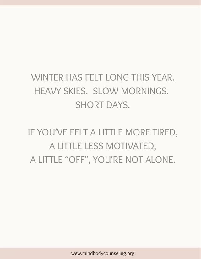 I’m just saying… I am going to need to process this Nor’ Easter in therapy. ❄️
More snow.
More gray skies.
We can’t control the forecast but we CAN choose to not spiral. Let’s do a winter reset.
Small changes. Let’s reset together.
❄️ What’s one tiny thing you’re doing for your winter reset this weekend?
#WinterReset #NoreasterMood #MindBodyCounseling #nervoussystemhealing