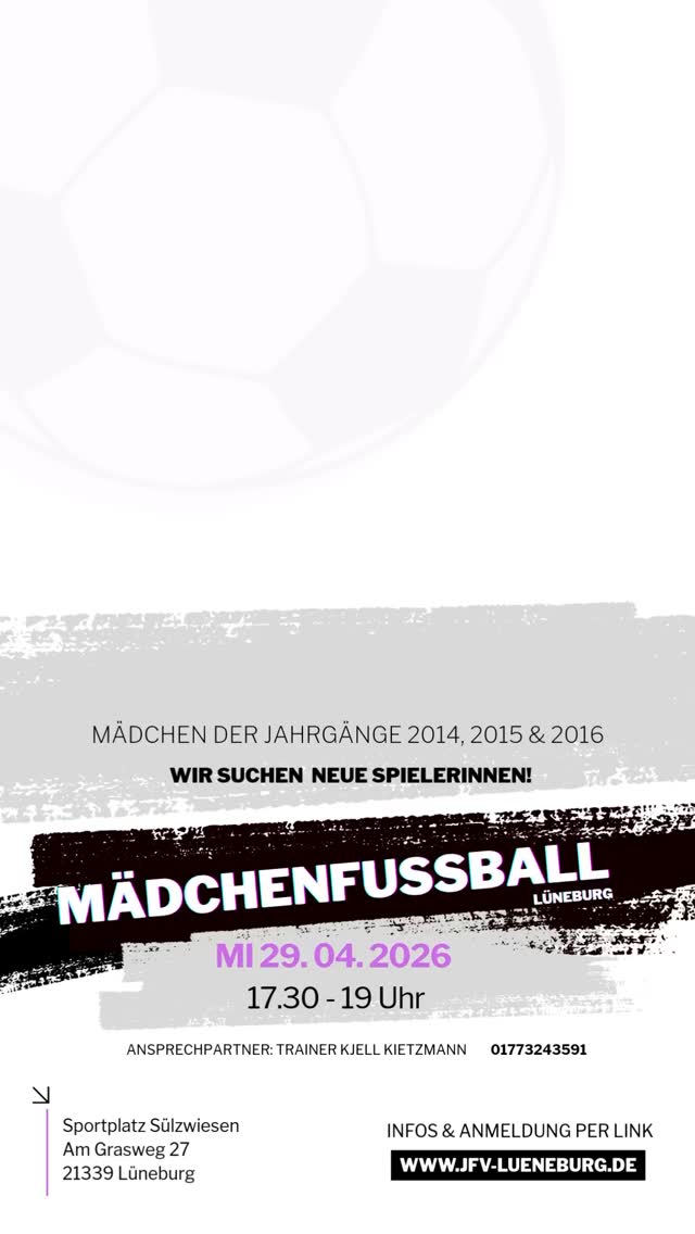 ⚽️💜 Sichtungstraining für unsere Mädels! 💜⚽️
Du spielst im Jahrgang 2014, 2015 oder 2016 und hast Lust auf leistungsorientierten Fußball im Team?
Dann komm zu unserem Sichtungstraining am 29.04.2026!
Zeig uns dein Talent, deine Leidenschaft und deinen Teamgeist – wir freuen uns auf motivierte Spielerinnen, die sich sportlich weiterentwickeln möchten 💪✨
📍 29. April 2026
👧 Jahrgänge 2014, 2015 & 2016
🔗 Anmeldung über den Link in unserer Bio!
#Sichtungstraining #lüneburg #mädchenfußball #jfvlüneburg