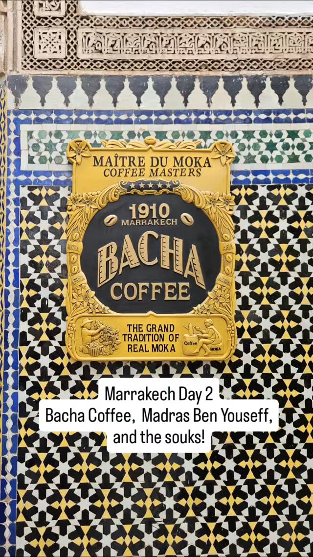 Marrakech Day 2 - after a morning at Jardin Marjorelle, we spent the afternoon getting to know the medina. We wandered through the souks (markets) checking out decorative plumbing, colorful slippers and lamps of every shape. We visited the 16th C university, Ben Youssef, the tower Almoravid Qubba, and the mosque. A fascinating location!
#bachacoffee #marrakech #benyoussefmadrasa