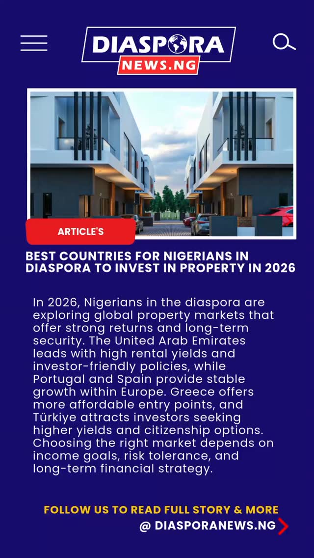 DiasporaNews.ng
For Nigerians living abroad, property investment is rarely just about owning a house. It is about stability in uncertain times, income that works across borders, and building something tangible that can outlive you
Read full story
https://www.diasporanews.ng/post/countries-nigerians-in-the-diaspora-should-invest-in-property-in-2026